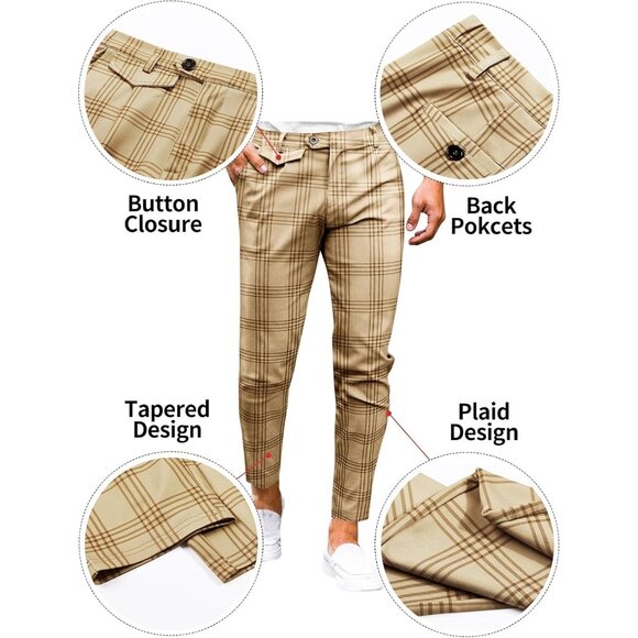 🆕 Men Brown Slim Fit Pants Flat Front Stretch Skinny Tapered Casual Trousers - Picture 5 of 6